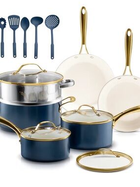 Elegant Navy and Gold Nonstick Cookware Set - Brand: